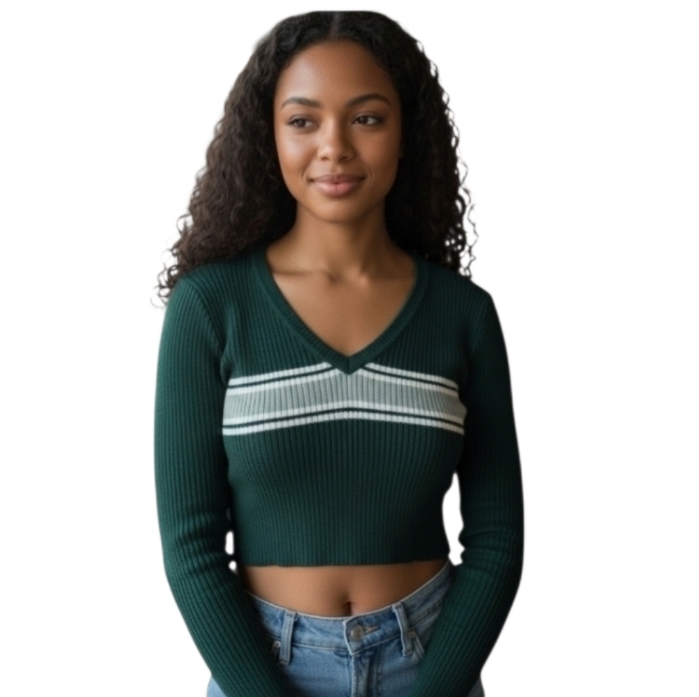 S.W.S. Women's Striped Knit Top Cropped Long Sleeve Green Size Large